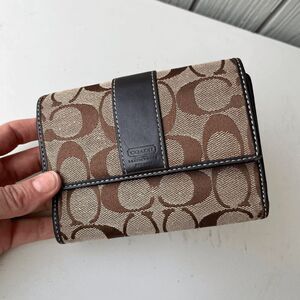 Coach Signature Canvas & Leather Tri-Fold Wallet Brown Classic Logo